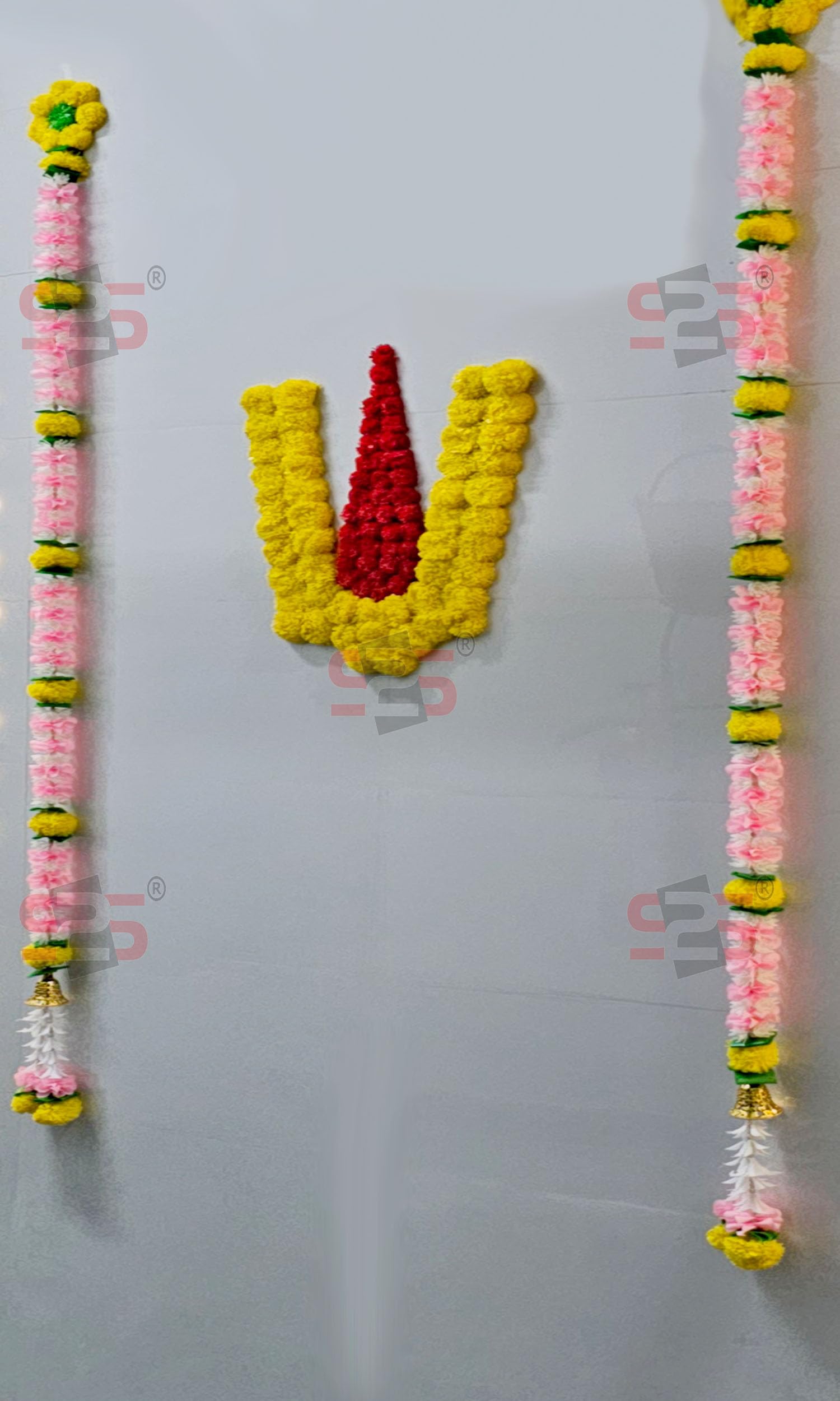 S2S Plastic Venkateswara Swami Namalu Artificial Fluffy Marigold Flowers Backdrop Wall Door For Pooja Decoration Traditional Bac